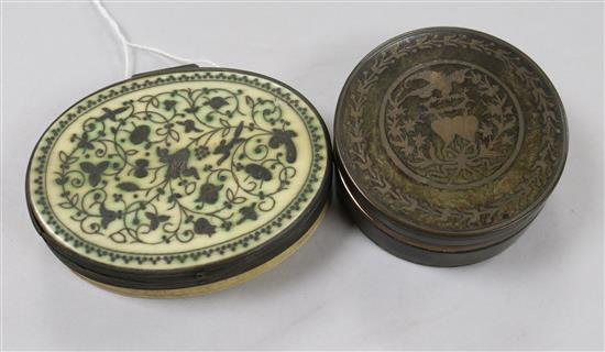 An 18th/19th century ivory and pique work oval snuff box and a 19th century tortoiseshell and gilt metal inlaid snuff box